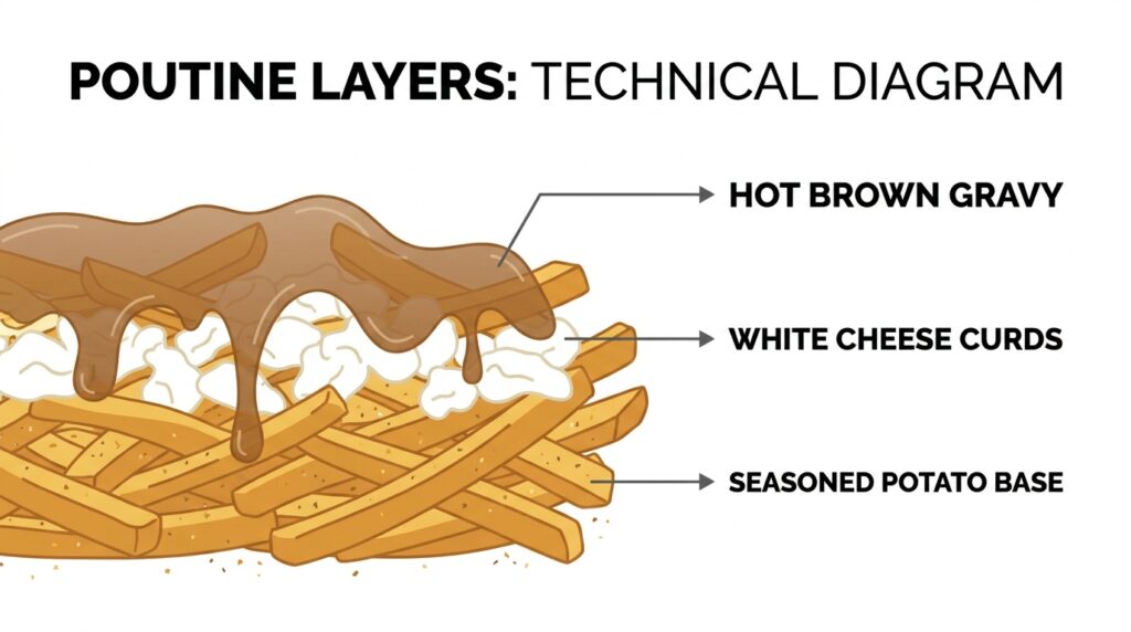 Technical diagram showing the structural layers of a Canadian fast-food poutine