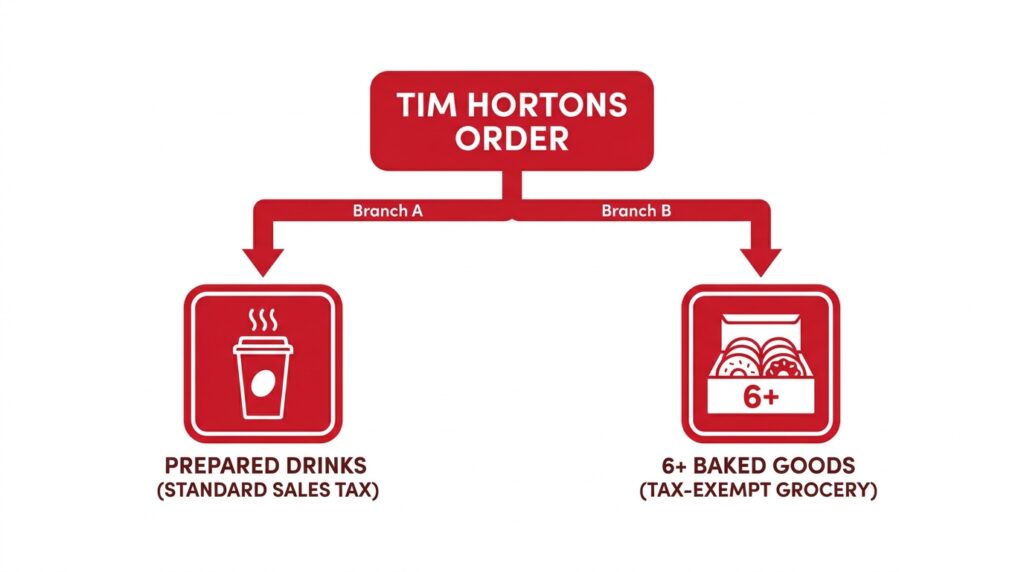 Infographic explaining Canadian sales tax rules for Tim Hortons orders including the six-pack bakery grocery exemption