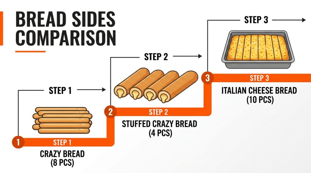 Vector infographic showing a clear value ladder comparing the size, pieces, and cost scaling of Crazy Bread versus Stuffed Crazy Bread versus Italian Cheese Bread