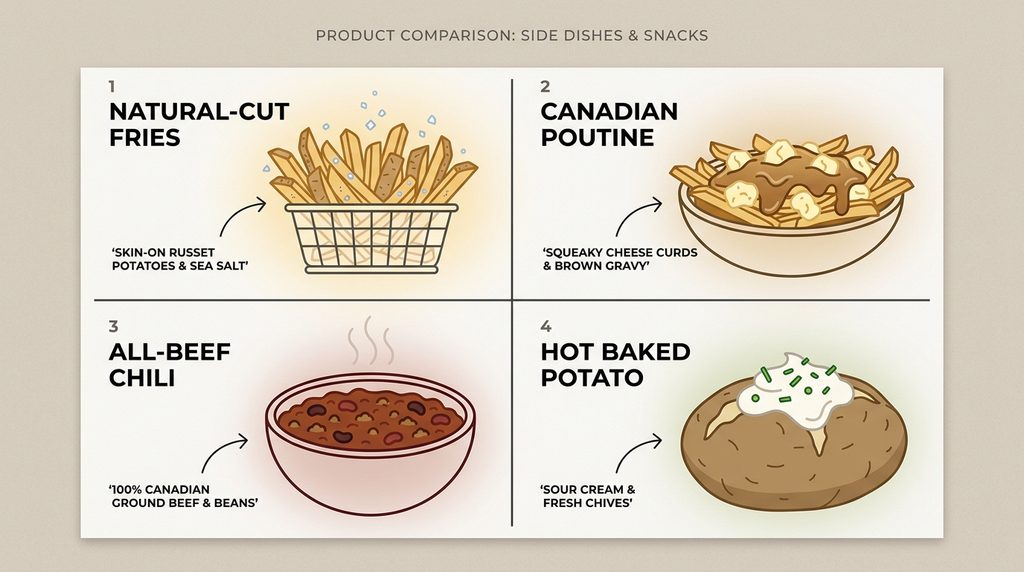 Visual comparison card featuring Wendy's Canadian sides including sea salt fries, authentic cheese curd poutine, all-beef chili, and sour cream baked potato
