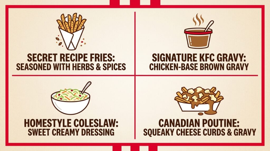 Graphic guide to KFC Canada sides including fries, gravy, coleslaw, and cheese curd poutine