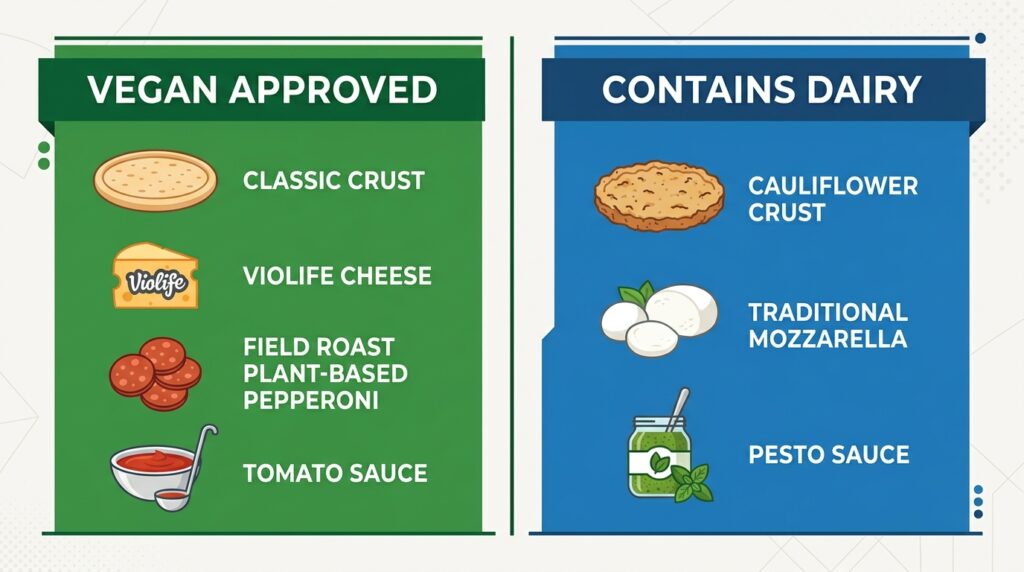 A nutrition visual card separating Pizza Nova ingredients into vegan and dairy categories to help users navigate dietary restrictions.