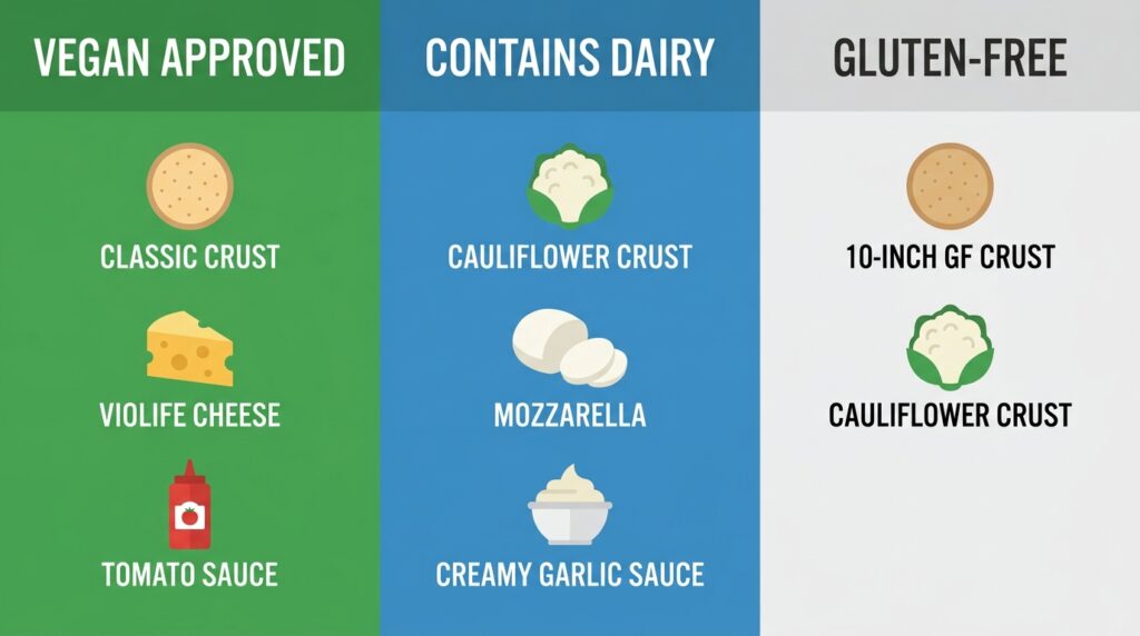 A nutrition visual card separating Pizza Pizza crusts and cheeses into vegan, dairy, and gluten-free categories to help users navigate dietary restrictions.