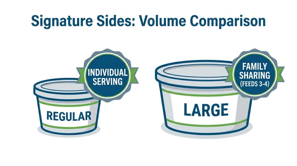 A visual volume reference chart comparing the physical sizes and serving capacities of a Regular Popeyes side container versus a Large Popeyes side container