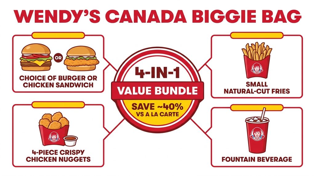 Infographic diagram showing the four components of a Wendy's Biggie Bag including choice of sandwich, 4 chicken nuggets, fries, and drink